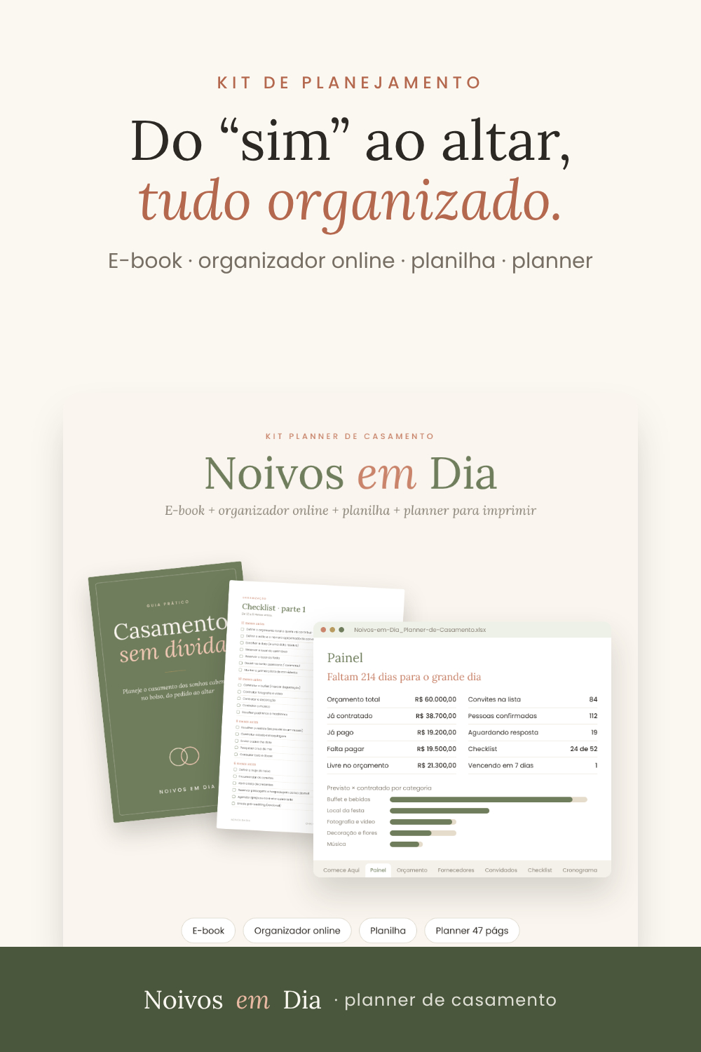 Planner de casamento completo: e-book, organizador, planilha e planner
