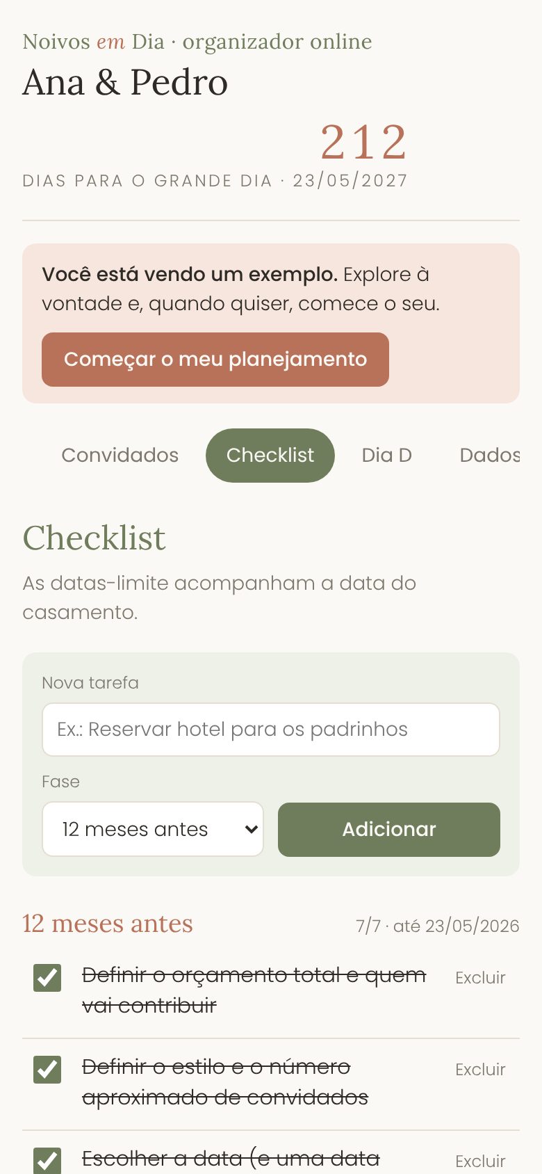 Checklist do organizador aberto no celular