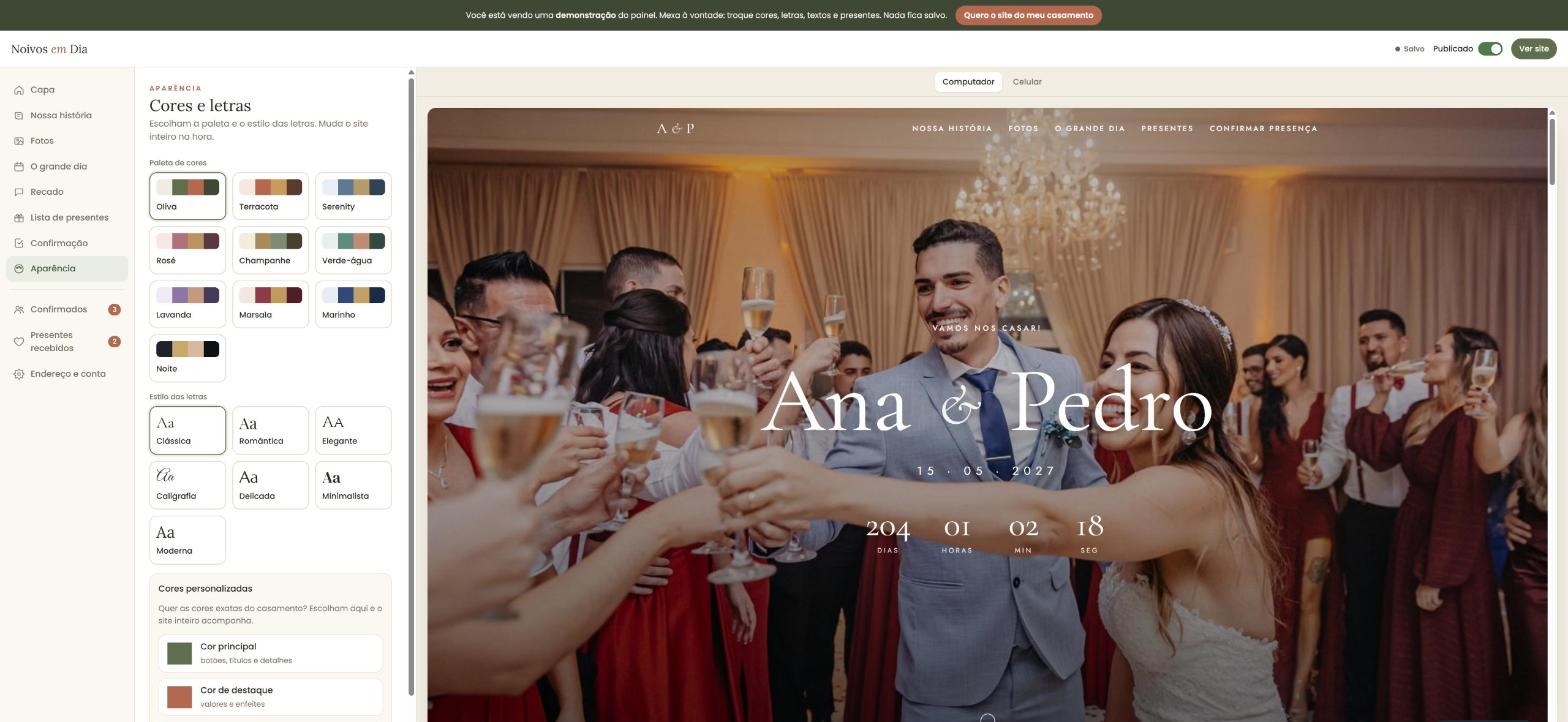 Painel de edição do site, com paletas de cores e estilos de letra