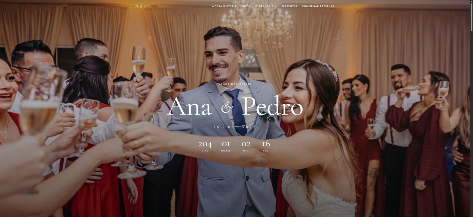 Site de casamento de exemplo, com os nomes do casal e a contagem regressiva
