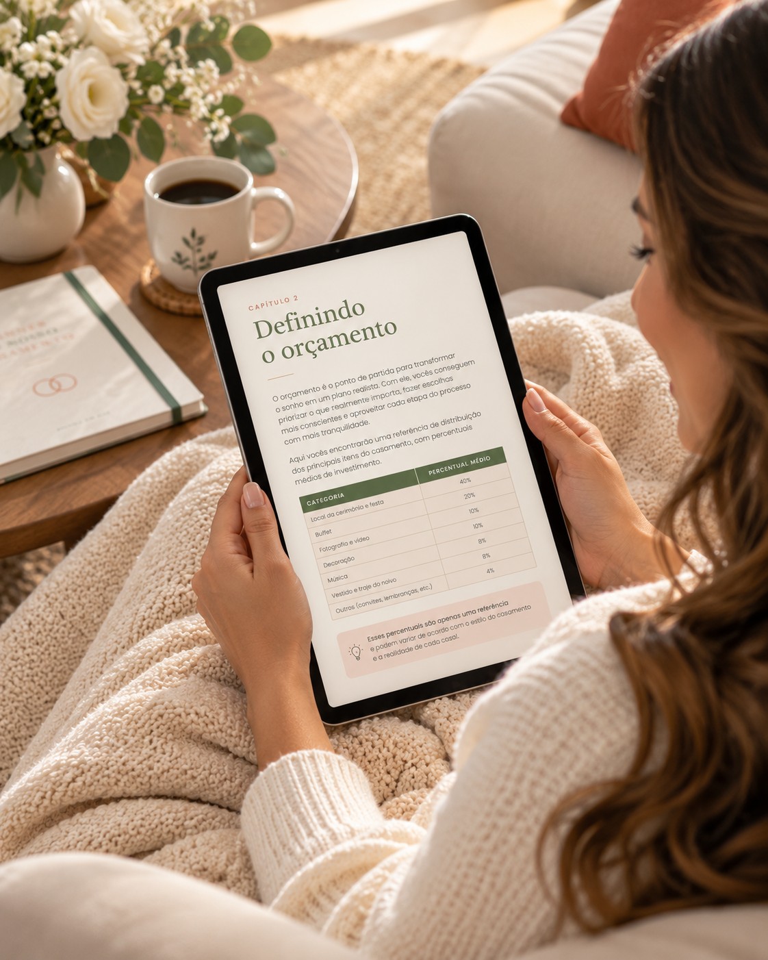 Noiva lendo o e-book Casamento sem dívida no tablet