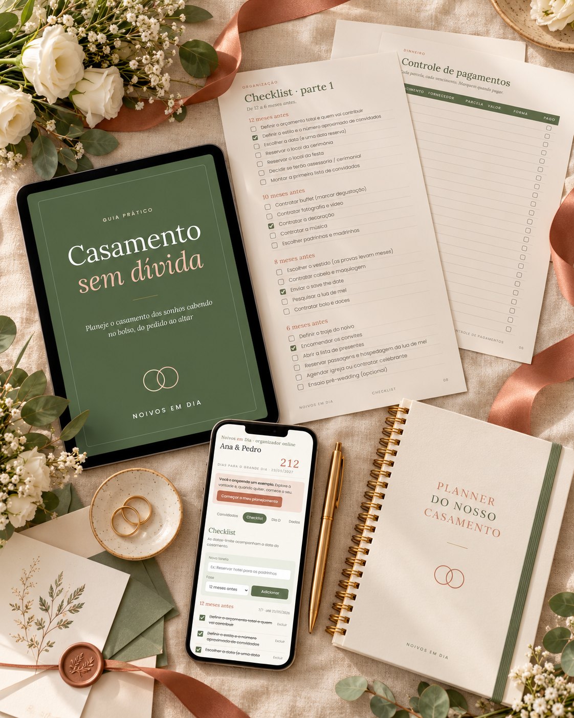 Kit completo: planner, tablet com e-book e celular com organizador